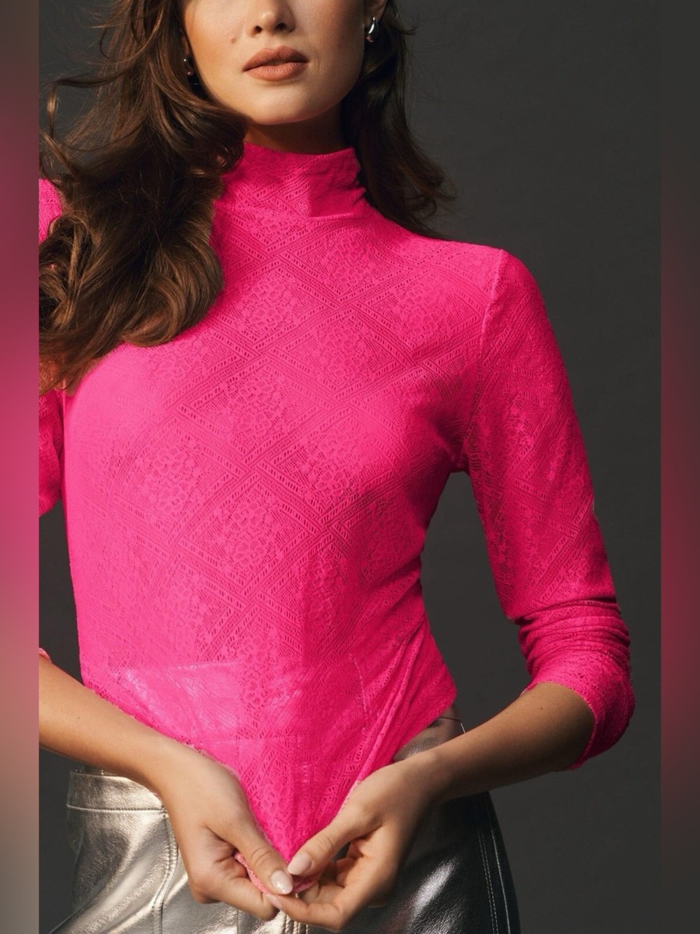 Anthropologie Bright Pink Floral Sheer Lace Long Sleeve Mock Neck Top Size Large